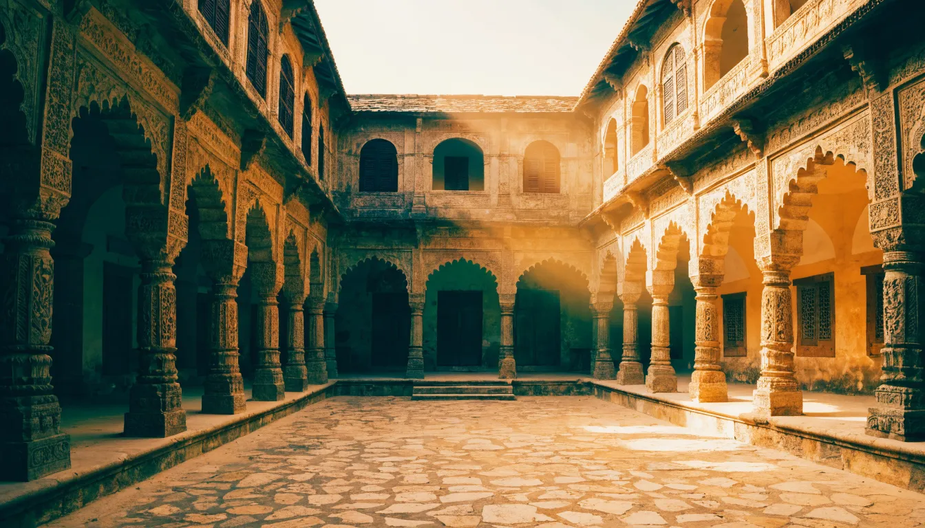 Sunlit stone courtyard with pillared corridors, a quiet reading space